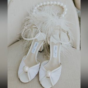 Jimmy Choo Sacaria 85 Tulle Pearl Ankle-Strap Sandals ivory white size 39.5 9.5